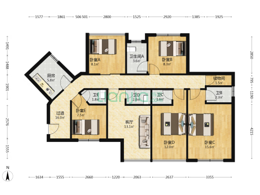 盛地领航城一期 5室1厅5卫 123平方