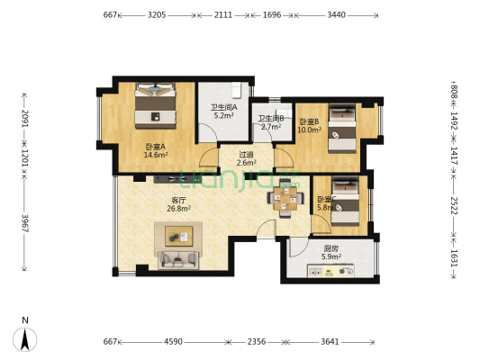 漱玉花园 3室1厅2卫 87平方