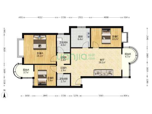 华金大道二段418号双子座 3室1厅2卫 106平方