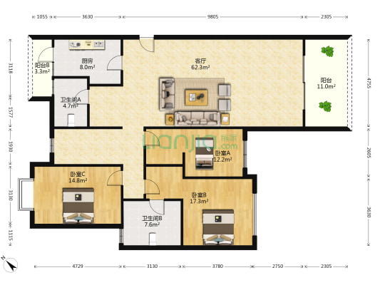 海伦国际 3室1厅2卫 168平方