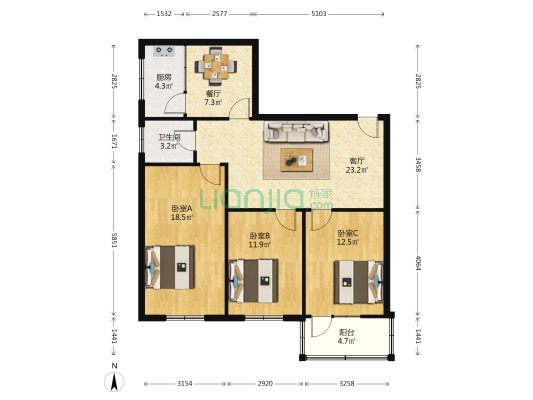 工业北路38号 3室2厅1卫 101平方