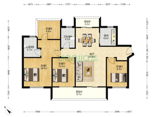 中信水岸城八期 4室1厅2卫 128平方