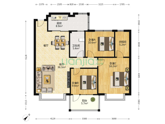 桃花源小区 3室1厅1卫 108平方