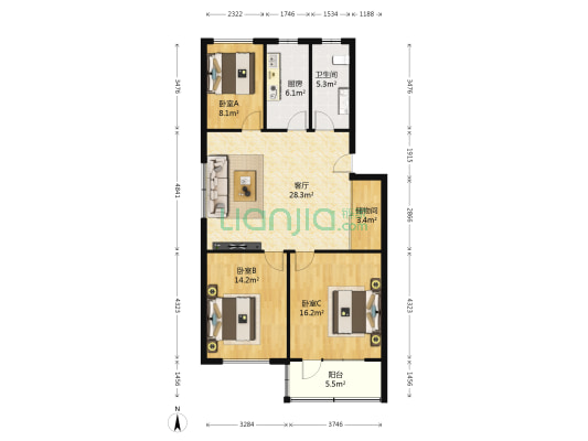 百盛花园 3室1厅1卫 106平方