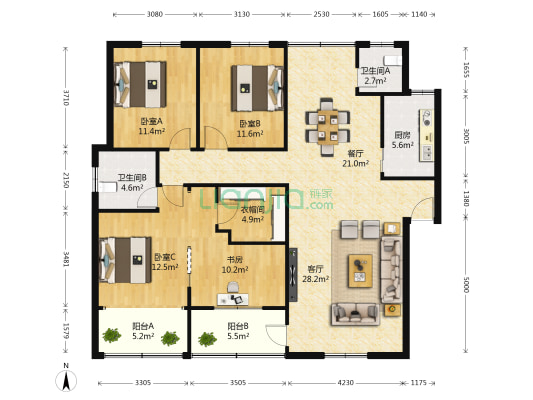 武警宿舍 4室2厅2卫 145平方
