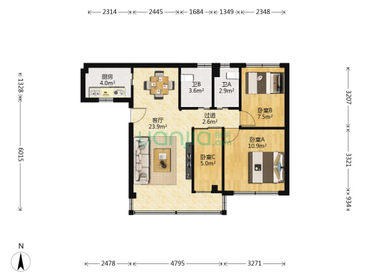聚贤园（文贤路26号） 3室1厅2卫 66平方