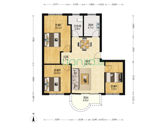 翡翠花园 3室1厅1卫 93平方
