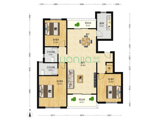 天池居1区 3室1厅2卫 129平方
