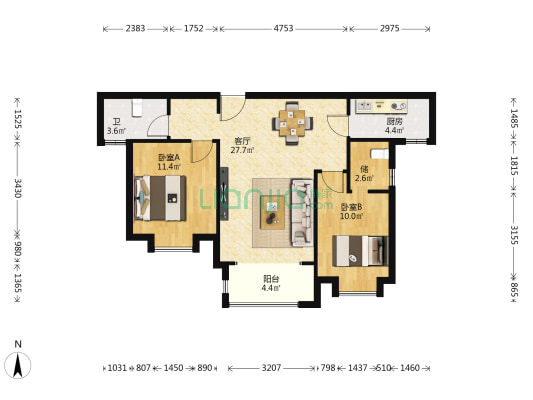 天河明郡 2室1厅1卫 90平方