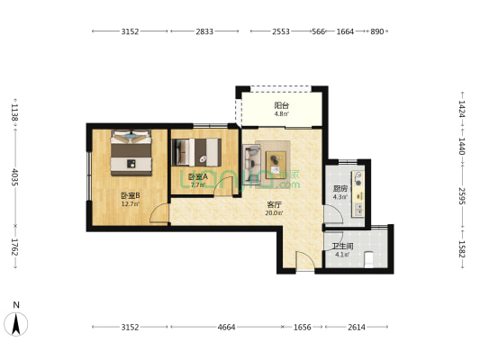 阳光怡景花园 2室1厅1卫 73平方