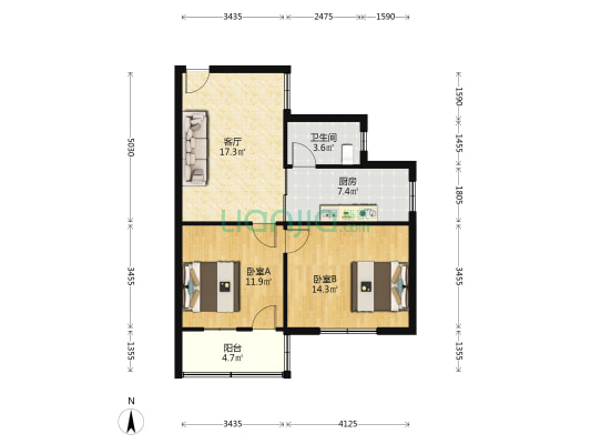 兴业路222号 2室1厅1卫 66平方