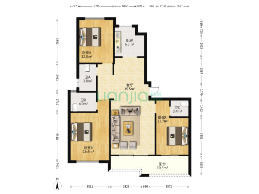 岳家湖世纪城八区 3室1厅3卫 130平方