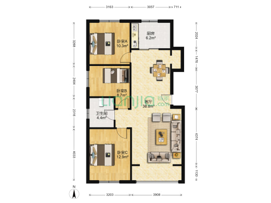 首城汇景湾（金河北街6号院） 3室1厅1卫 118平方