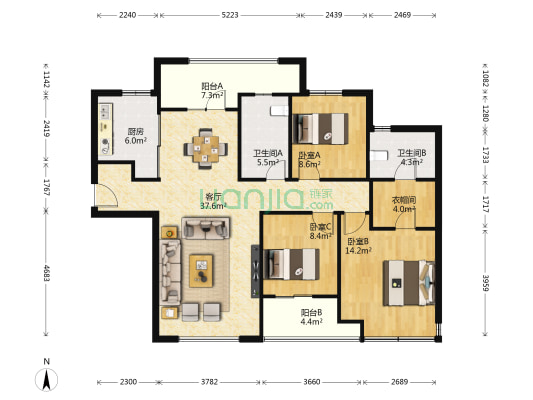 大连天地悦翠台一期 3室1厅2卫 127平方