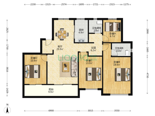 中梁鹿城中心 4室1厅2卫 143平方