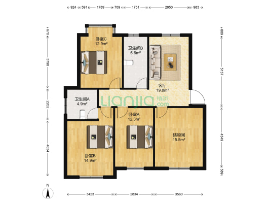 杜桥花园 3室1厅2卫 114平方