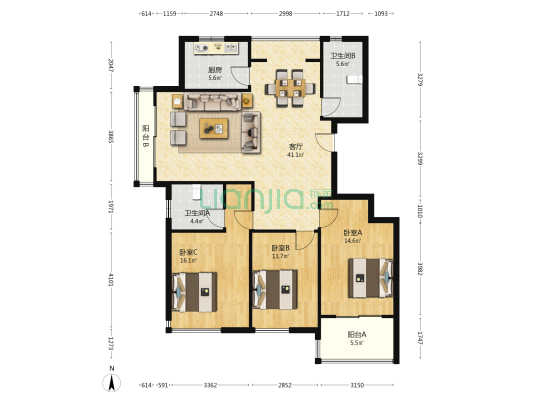 凤凰小区 3室1厅2卫 136平方