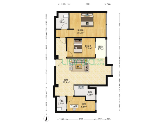 塘景小区一组团 3室1厅2卫 107平方