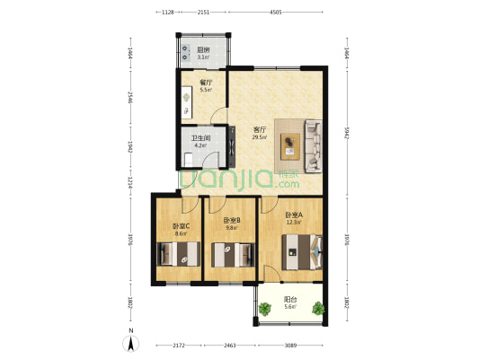 人大宿舍 3室2厅1卫 98平方