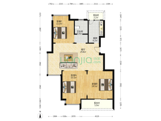 力拓倾城花园 3室1厅1卫 109平方