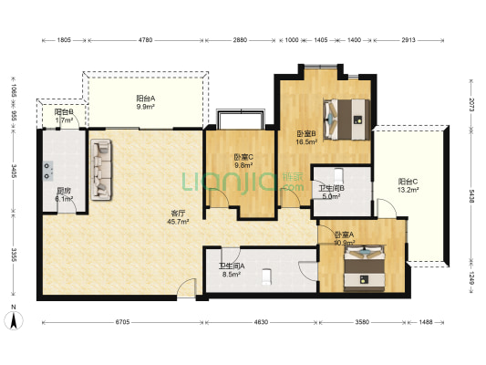 金地贝福里花园 3室1厅2卫 141平方