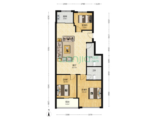 龙洲二街 3室1厅2卫 120平方