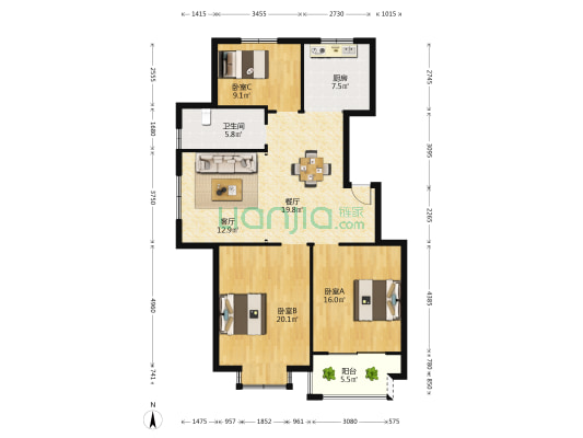 东郊花园 3室2厅1卫 123平方