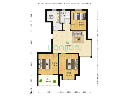 承安中山壹品 3室1厅1卫 90平方