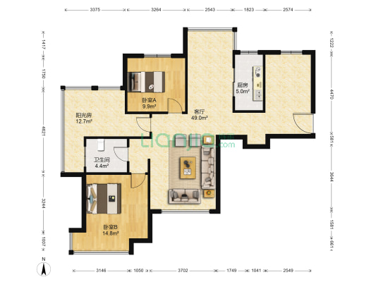 新未来花园泊爵 2室1厅1卫 102平方