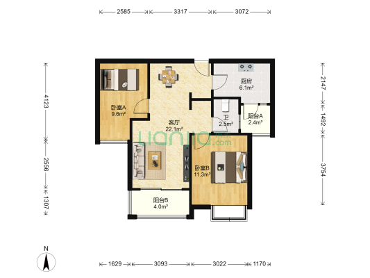 万科大都会北区 2室1厅1卫 72平方
