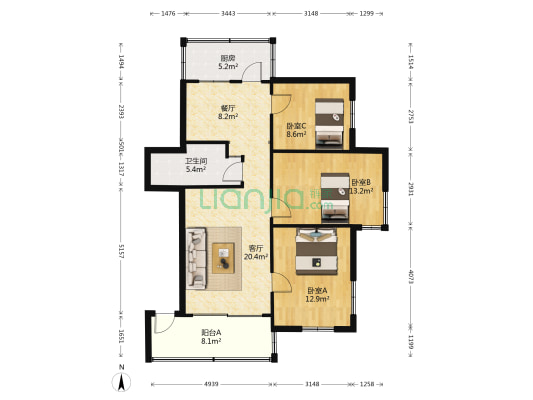 医药局宿舍 3室2厅1卫 85平方