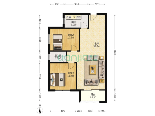 正弘新悦 2室1厅1卫 90平方