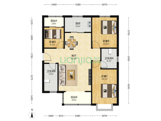 南高营四区 3室1厅2卫 127平方