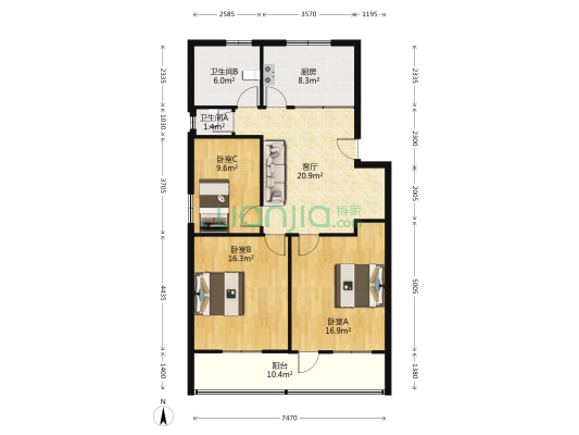 化建宿舍 3室1厅2卫 99平方
