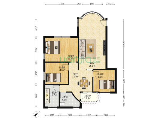 珠城花园 3室2厅1卫 95平方