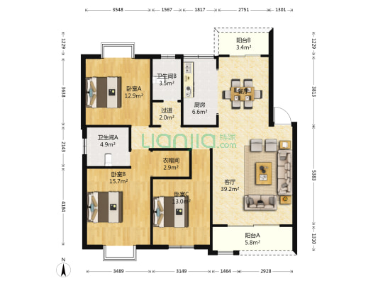 长水航城木棉苑 3室1厅2卫 127平方