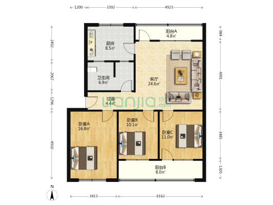 建设银行宿舍 3室1厅1卫 109平方