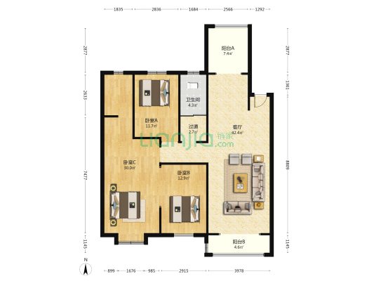 左岸景林.裕畅苑 3室1厅1卫 140平方