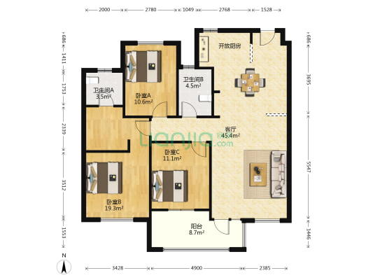 复地东湖国际四期 3室1厅2卫 135平方