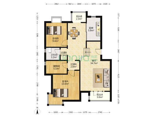 奥林匹克花园石榴苑 2室1厅1卫 99平方