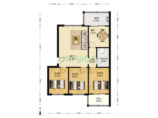 龙港小区 3室2厅1卫 90平方