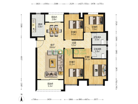 阳光城翡丽云邸 4室1厅2卫 122平方