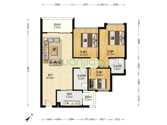信泓领上 3室1厅2卫 99平方