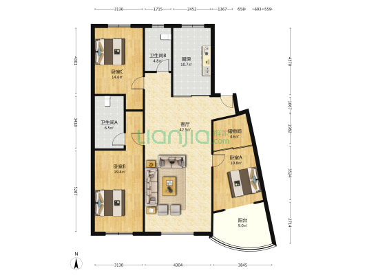 天林花园 3室1厅2卫 157平方