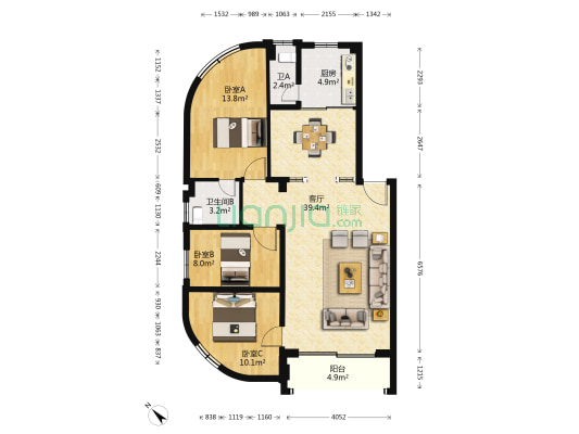 金华南路 3室1厅2卫 103平方