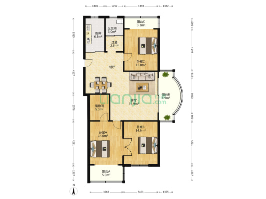 凯华公寓 3室1厅1卫 133平方