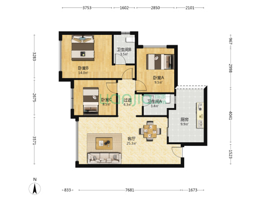 和信璟樾云山 3室1厅2卫 97平方