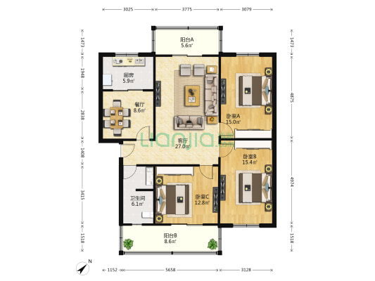 长柏路213号 3室2厅1卫 117平方