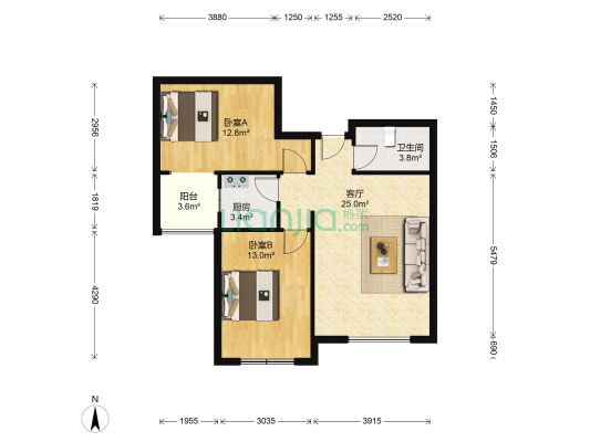 东王丁科苑 2室1厅1卫 85平方
