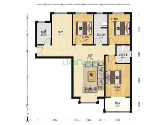 新出好房，南北通透大三居室，集中供暖，配套齐全。-户型图